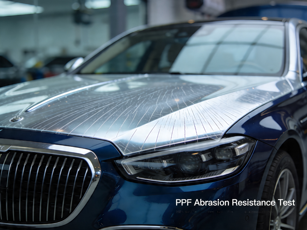 Blue luxury car in a showroom/workshop undergoing an abrasion test; the hood shows numerous scratch marks and the caption reads 'PPF Abrasion Resistance Test'