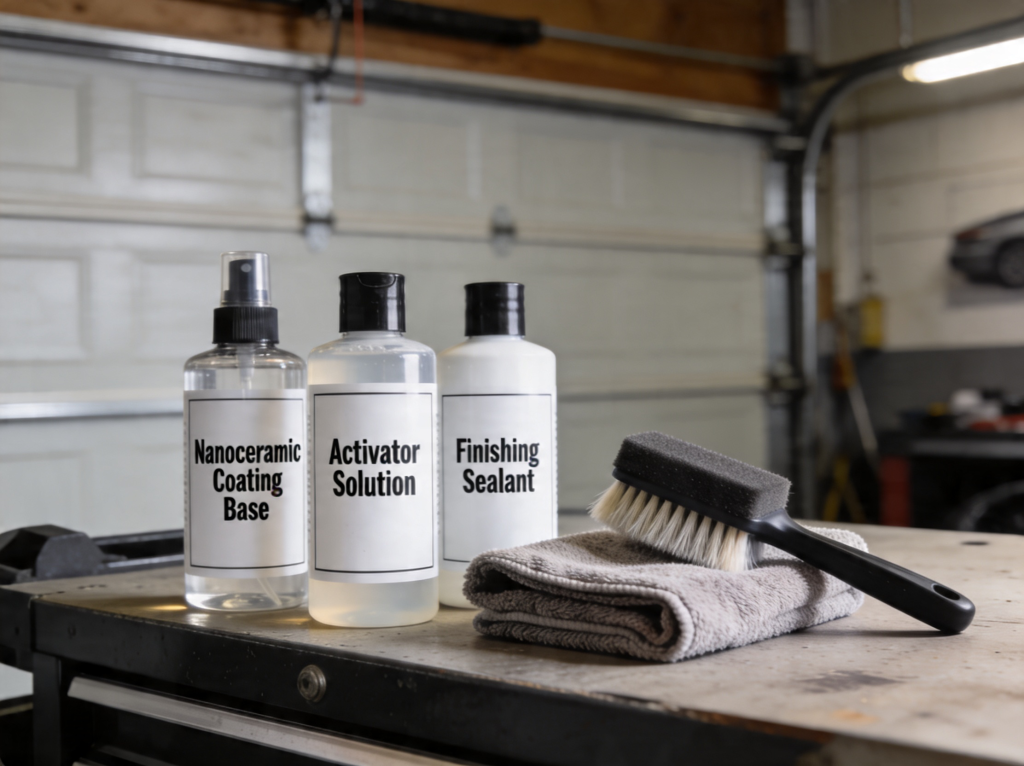Car detailing kit on a workbench with three labeled bottles: Nanoceramic Coating Base, Activator Solution, Finishing Sealant, plus a spray bottle, brush, and towel in a garage setting.