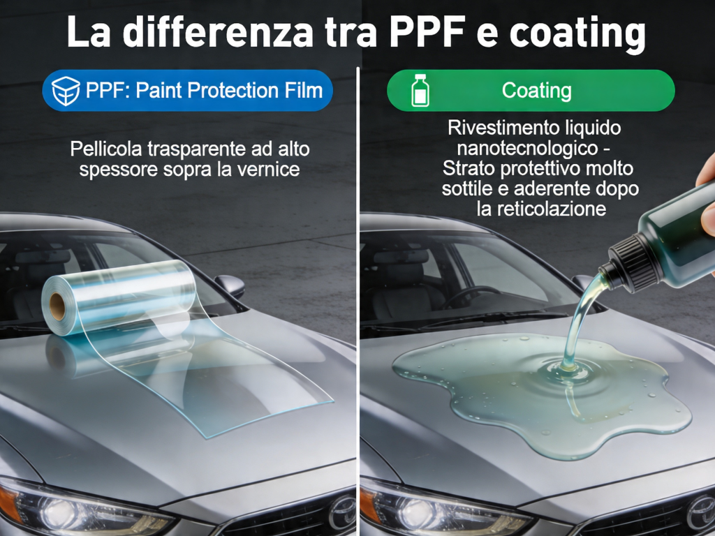 Split diagram comparing PPF and coating: left shows a roll of transparent film being applied to a car hood; right shows liquid coating being poured onto the hood.