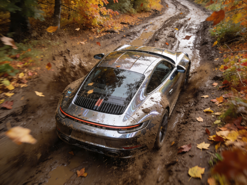 Top-down view of a silver Porsche driving along a muddy, leaf-strewn forest road with mud splashing up around it during autumn. eautiful autumn leaves in orange and yellow surround the scene.