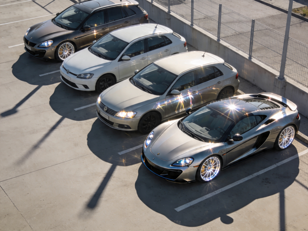 Aerial view of a parking lot with four luxury cars parked in a row, reflecting sunlight from polished surfaces.