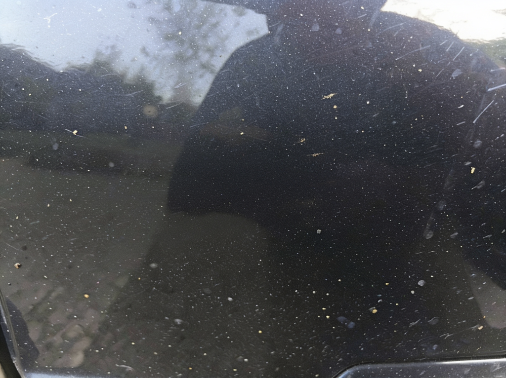 Car window covered in dust and water spots, reflecting a person taking the photo.