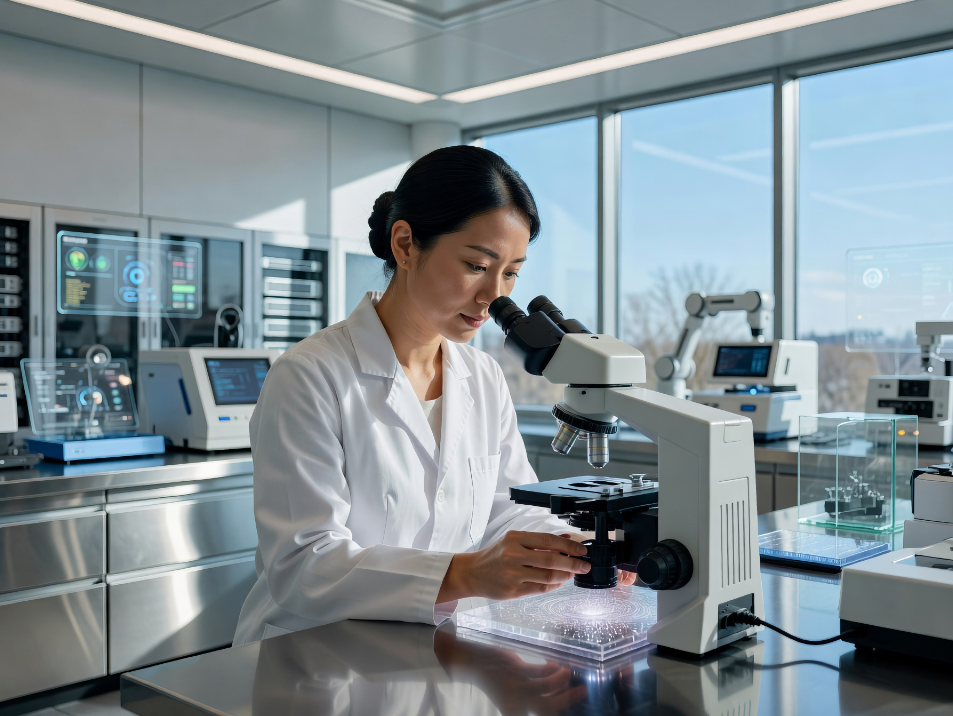 Female scientist in a white lab coat using a microscope in a bright, high-tech lab with screens nearby.