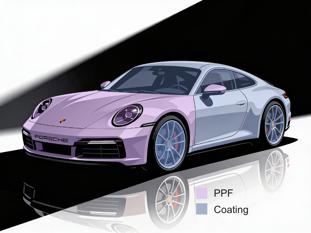 Illustration of a Porsche with purple PPF and light blue coating, shown with a color legend labeling PPF and Coating.