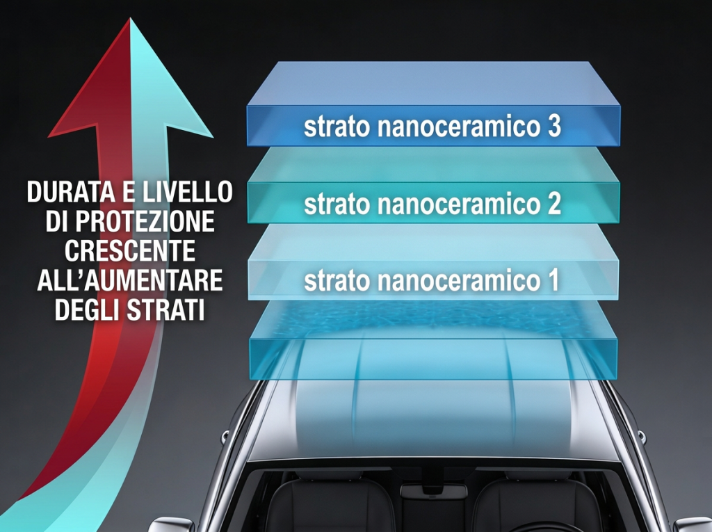Graphic showing a car roof with three labeled ceramic coating layers: strato nanoceramico 1, 2, 3, stacked from bottom to top, conveying increasing protection as layers add up. Left-side Italian text and a red-to-teal upward arrow indicate increasing duration and protection with layers.
