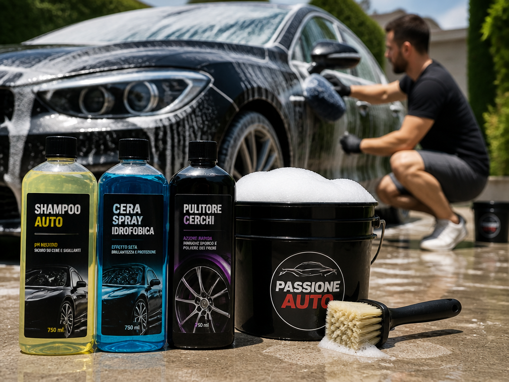 Foreground shows car wash products (shampoo, ceramic spray, wheel cleaner) and a soapy bucket with a brush; a man washes a dark car in the background, outdoors.