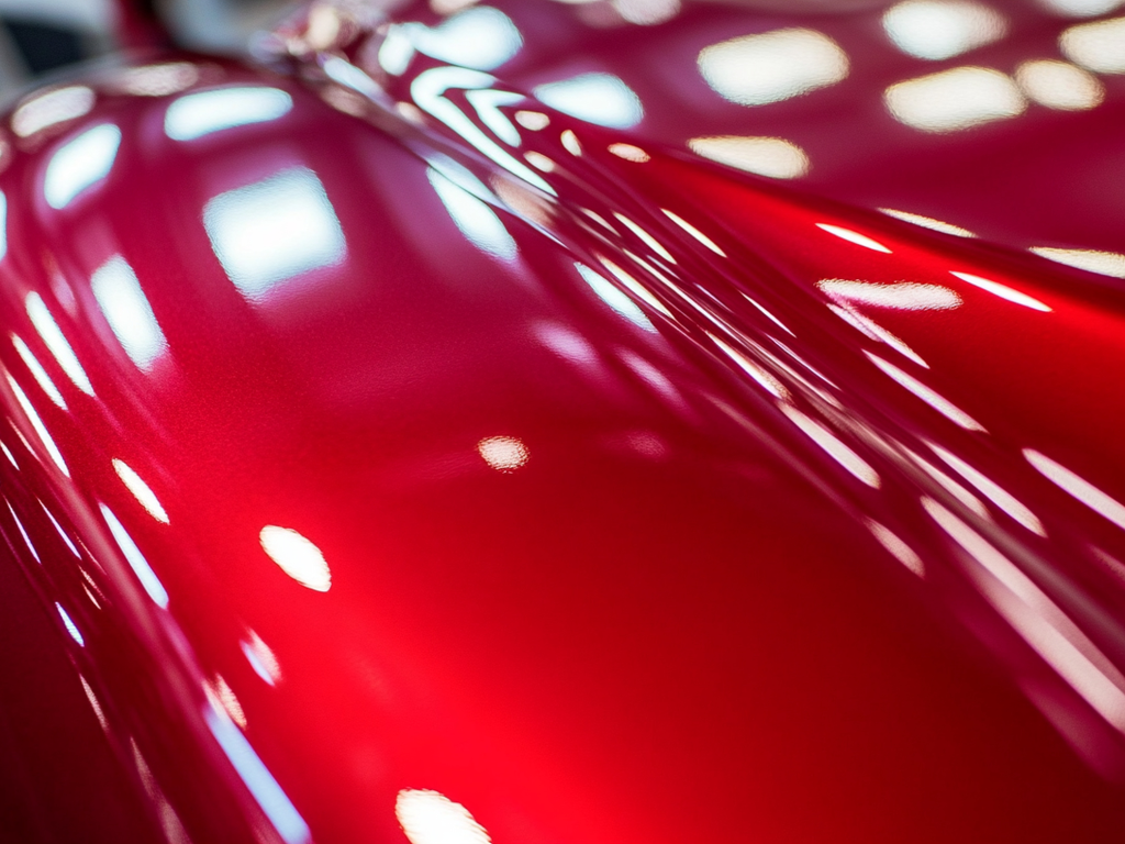 Close-up of glossy red car paint with reflections and highlights creating abstract shapes.