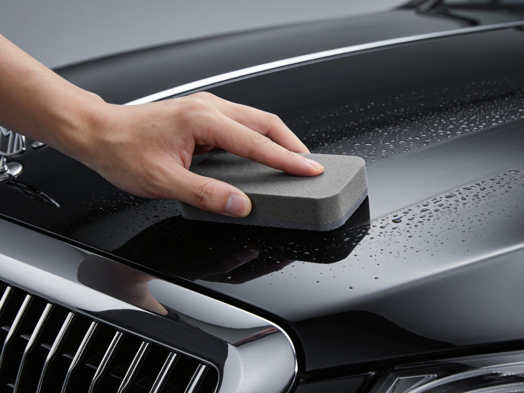 Hand wiping a black car hood with a gray sponge, water droplets on the surface.