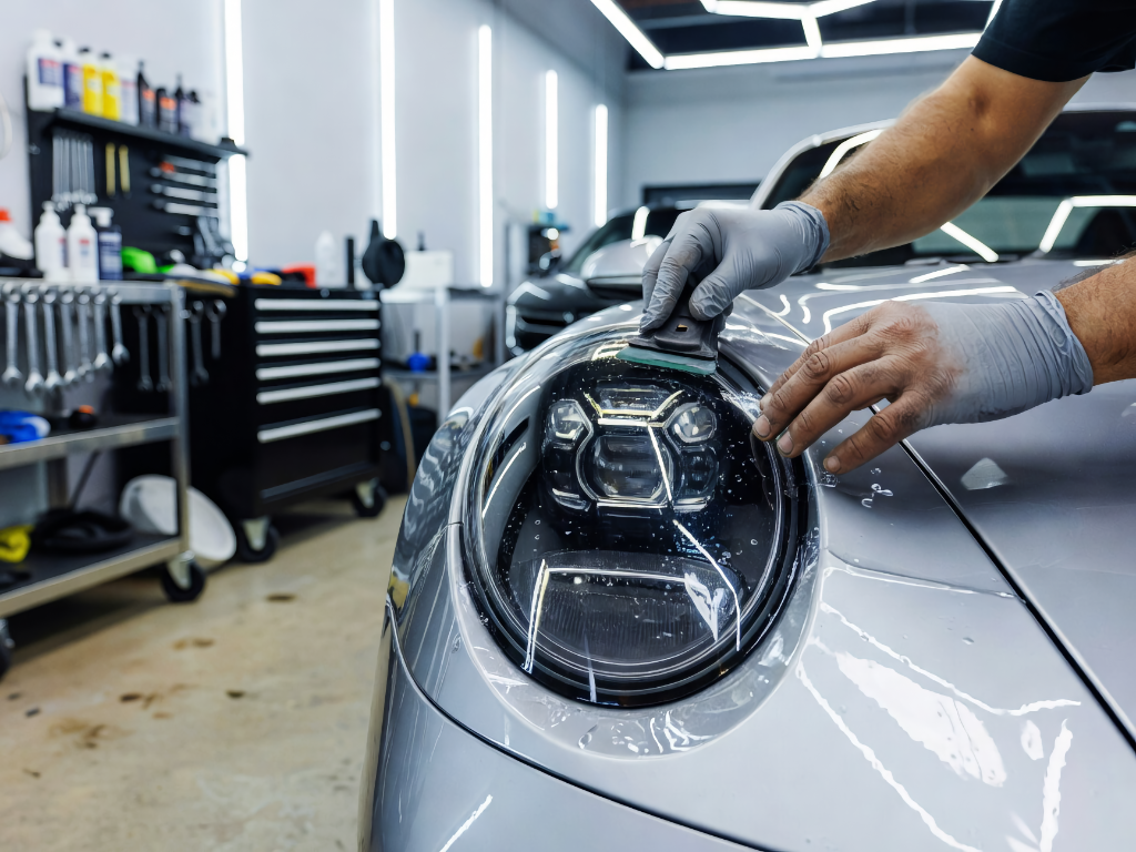 Technician wearing gloves polishes a car headlight in a well-lit auto shop.