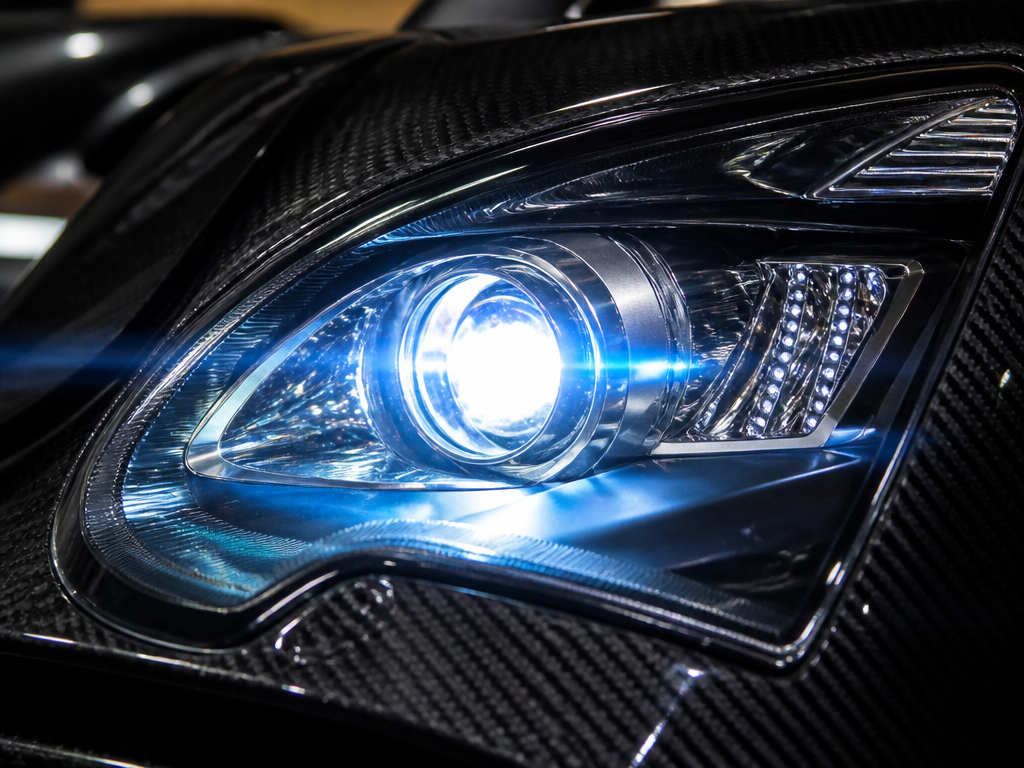 Close-up of a car headlight with a bright blue LED beam on a carbon-fiber body surface.