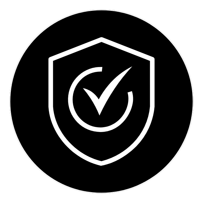 Shield with a checkmark symbolizing security and verification on a black circular background.