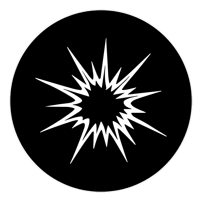 White starburst explosion icon centered in a circle on a black background
