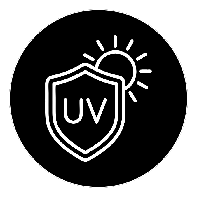Shield icon with 'UV' text and sun in the background, representing UV protection/UV safety.