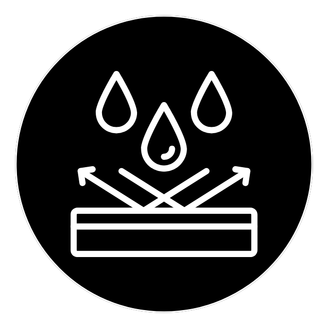 Hazard icon: liquid droplets above a container with crossed arrows inside a circle.