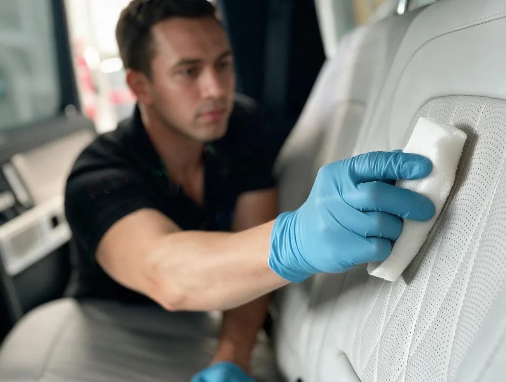 Applicazione coating protezione su sedili in pelle bianchi