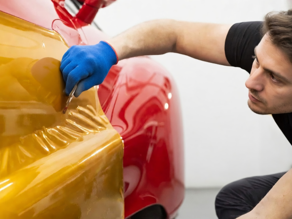 Applicazione pellicola wrapping gialla su fiancata auto