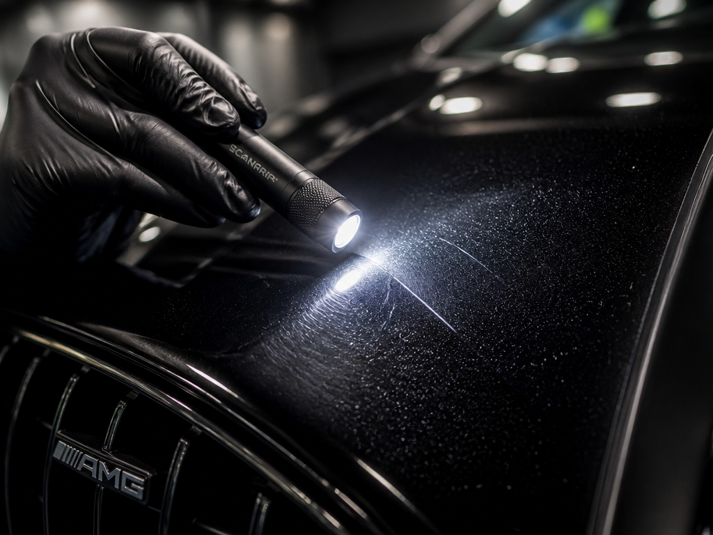 Detailer esamina un graffio profondo sulla vernice di un'auto con luce di ispezione