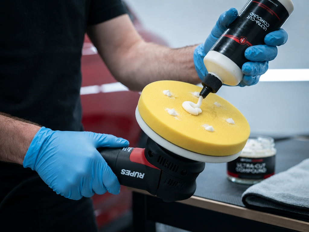 Person wearing blue gloves applies white car polish to a yellow foam polishing pad using a rotary polisher for car detailing, on a workbench.
